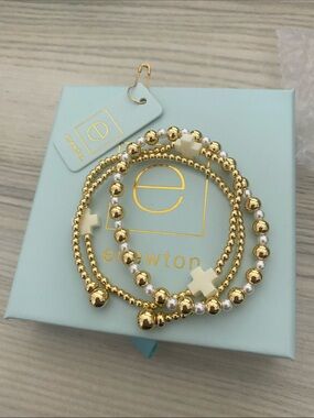 E Newton Gold Beaded Cross Bracelet Set - Gold & White